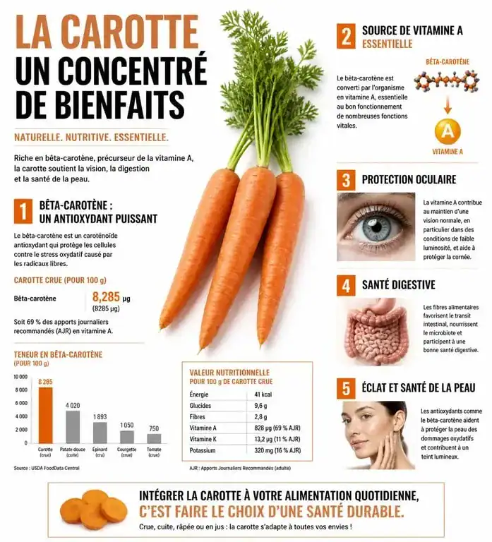 Infographie illustrant les bienfaits de la carotte pour la santé et la nutrition