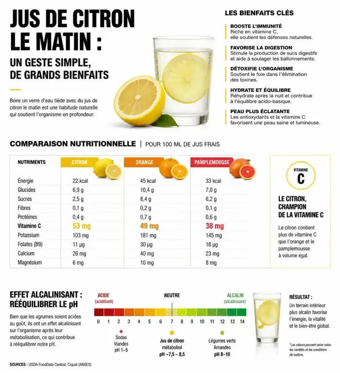 Infographie des bienfaits et apports nutritionnels de boire du jus de citron le matin