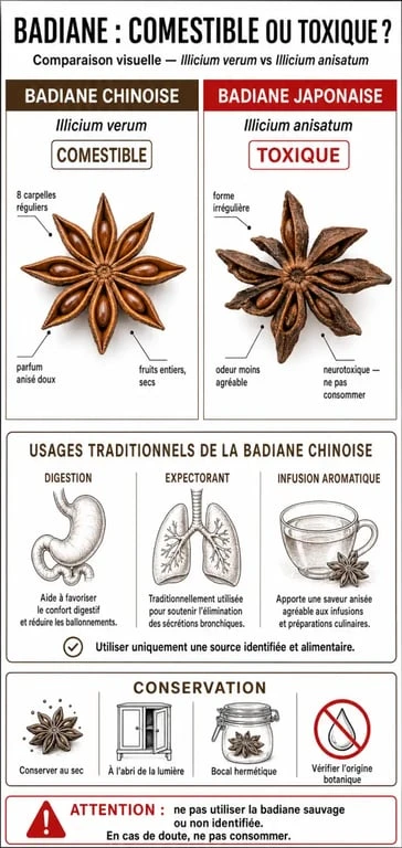 Infographie comparative des propriétés et de l'identification de la badiane chinoise et japonaise