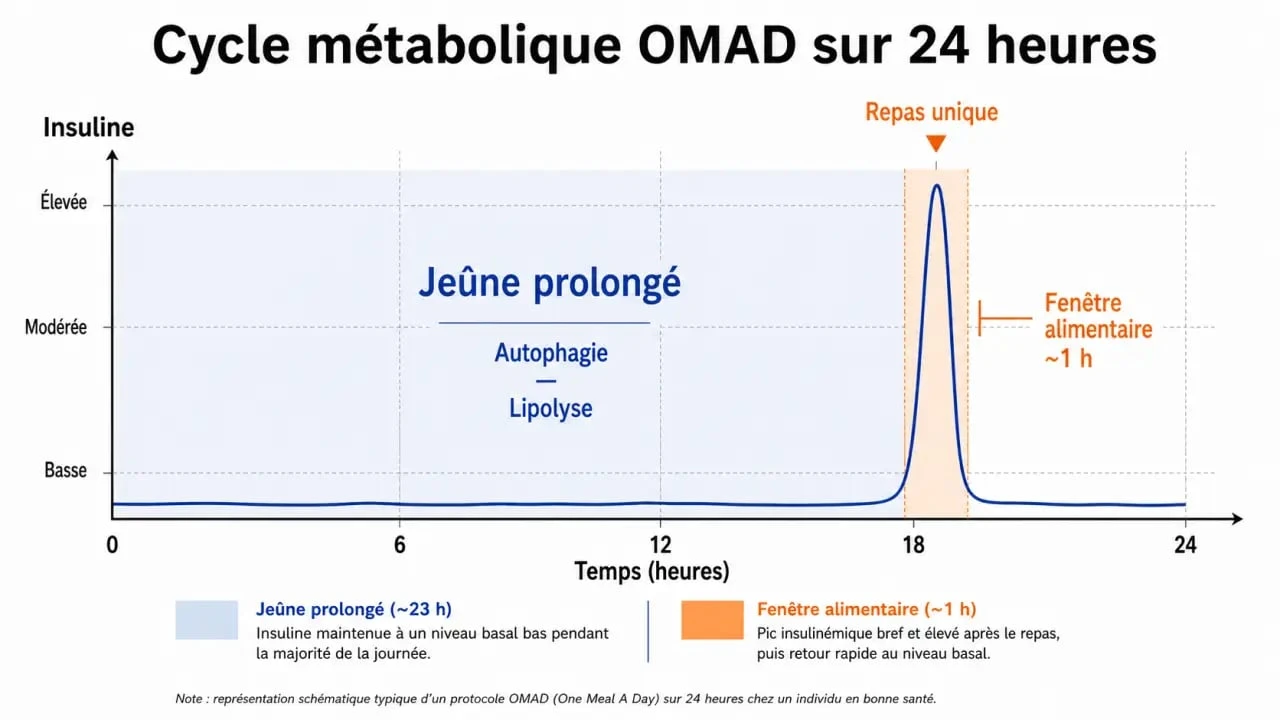 Infographie expliquant le processus métabolique et l'autophagie lors du régime OMAD manger une fois par jour