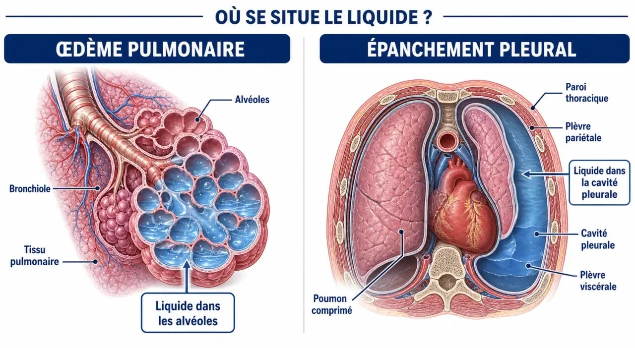 Schéma comparatif montrant la différence anatomique entre l'œdème pulmonaire et l'épanchement pleural pour comprendre l'eau dans les poumons.