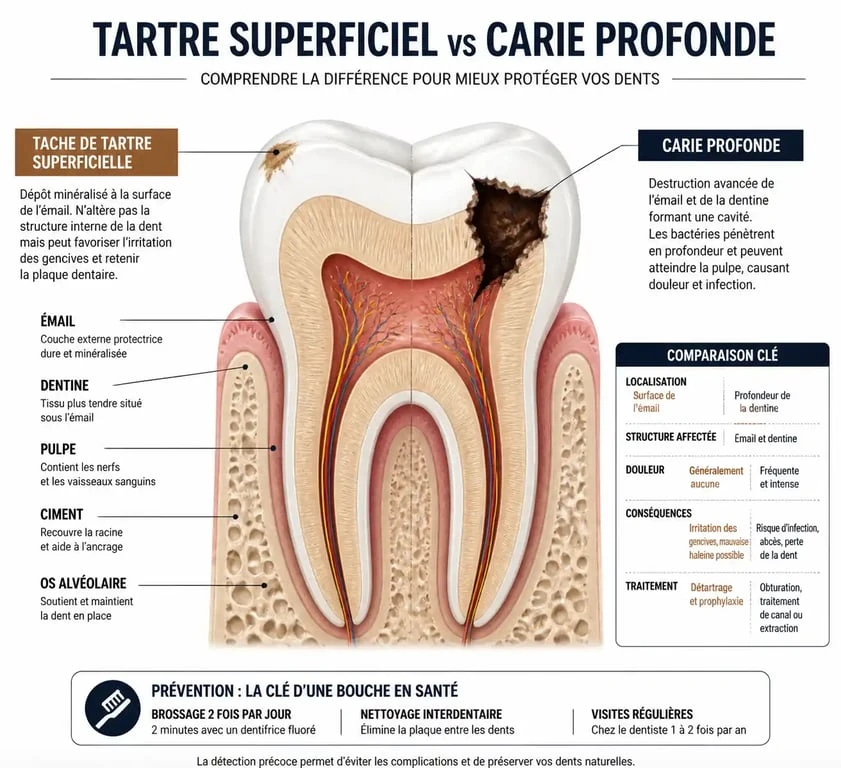 Schéma comparatif entre une tache noire de tartre et une carie dentaire pour identifier une tache noire sur les dents