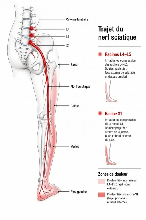Schéma anatomique du trajet du nerf sciatique jambe gauche et zones de douleur