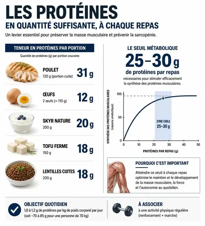 Infographie sur les aliments riches en protéines pour personnes âgées et les besoins nutritionnels pour la santé musculaire