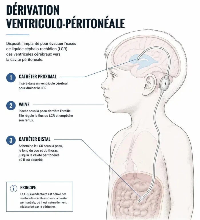 Schéma explicatif du fonctionnement d'une dérivation ventriculo-péritonéale pour le traitement de l'hydrocéphalie