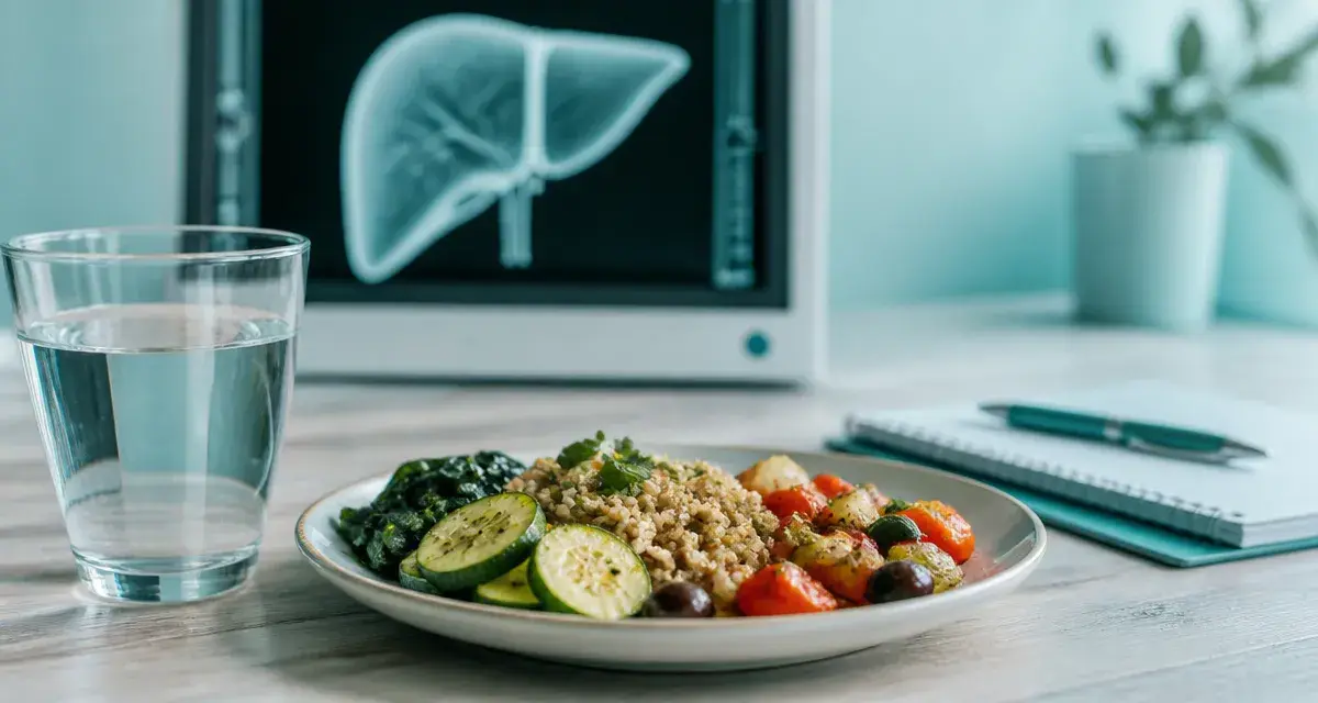 Graisse dans le foie traitement : perte de poids 5 à 10 %, verre d’eau et foie illustré sur écran radiologie