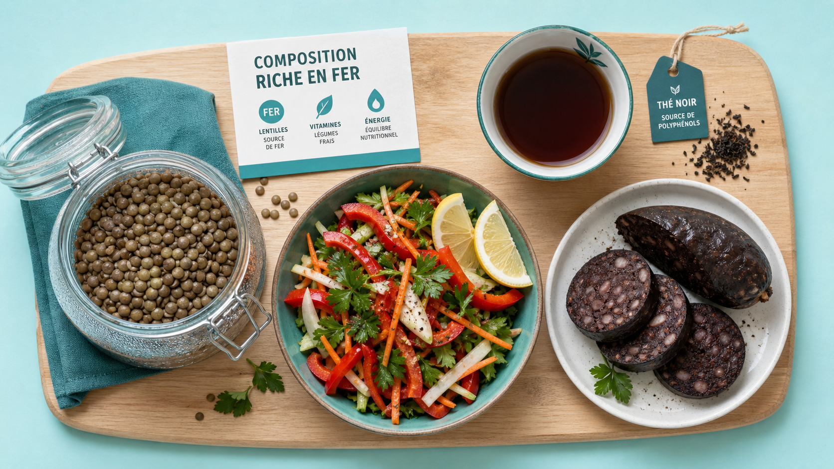 Aliments avec beaucoup de fer : boudin noir et lentilles avec vitamine C