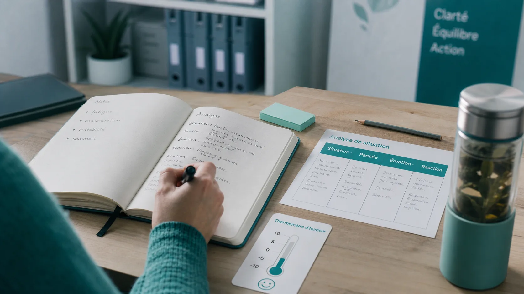Comportement psychologie : carnet pour analyser pensée, émotion et réaction