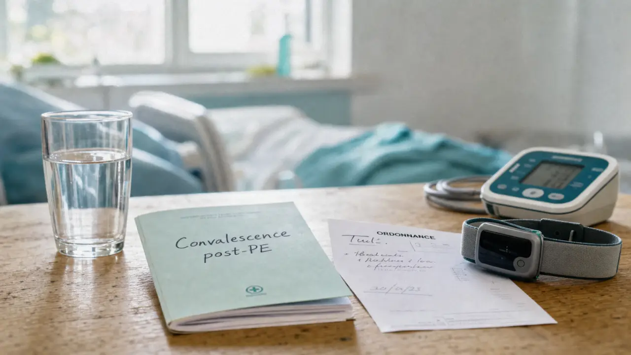 Convalescence après embolie pulmonaire : carnet médical, ordonnance et bracelet de surveillance