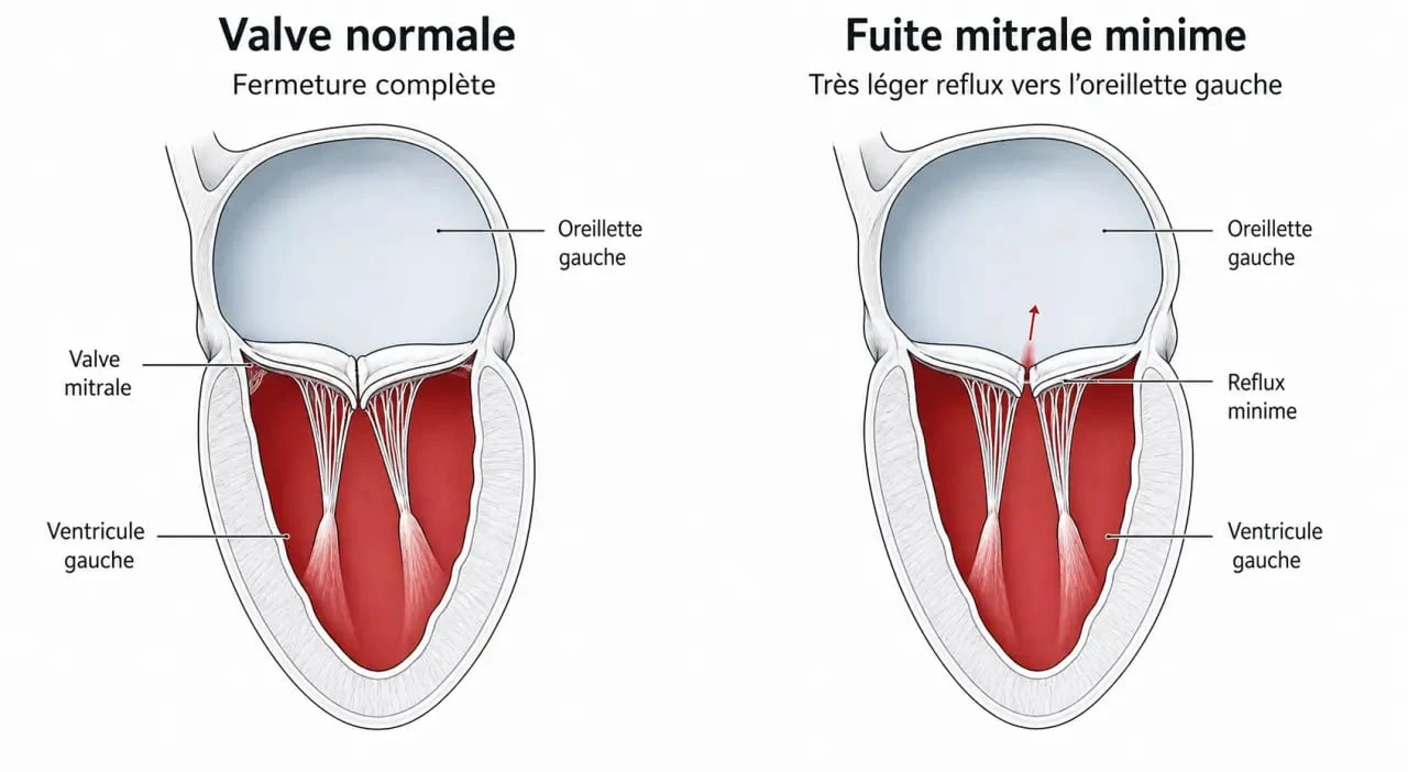 Une fuite mitrale minime peut elle disparaitre : schéma de la valve mitrale montrant un reflux minime vers l’oreillette gauche