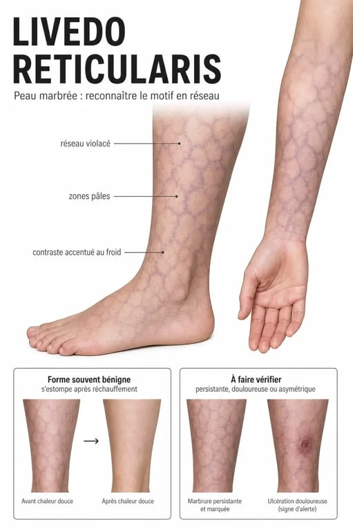Peau marbrée : illustration médicale d'un livedo reticularis sur la peau