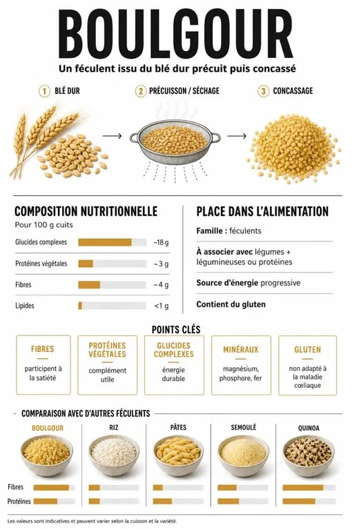 Boulgour féculent : infographie nutritionnelle sur les fibres, protéines et minéraux
