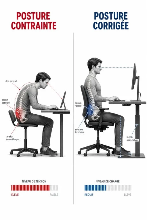 Infographie sur l'ergonomie au travail pour soulager une sacro-iliite et améliorer sa posture