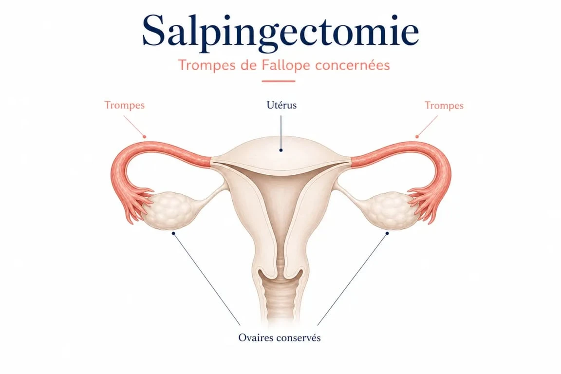Schéma simplifié de salpingectomie montrant les trompes de Fallope, les ovaires et l’utérus