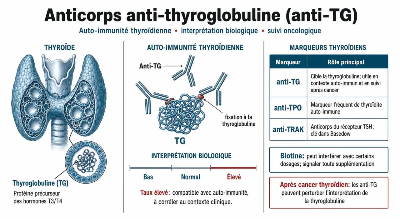 Anticorps anti thyroglobuline : schéma explicatif des valeurs, du rôle médical et comparaison avec anti-TPO et anti-TRAK