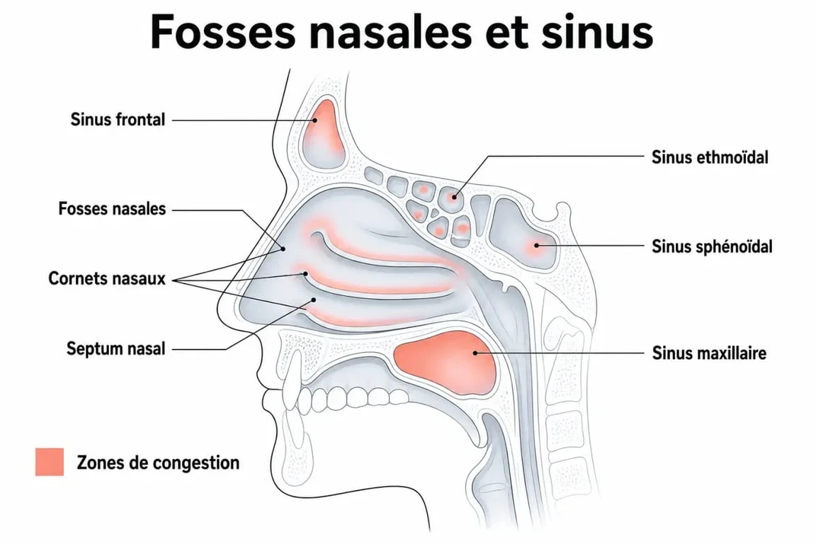 Schéma anatomique des sinus pour comprendre les causes de la mauvaise odeur dans le nez