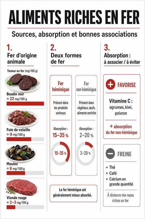 Infographie aliments avec beaucoup de fer : sources animales et végétales, absorption du fer et conseils pour mieux l’assimiler