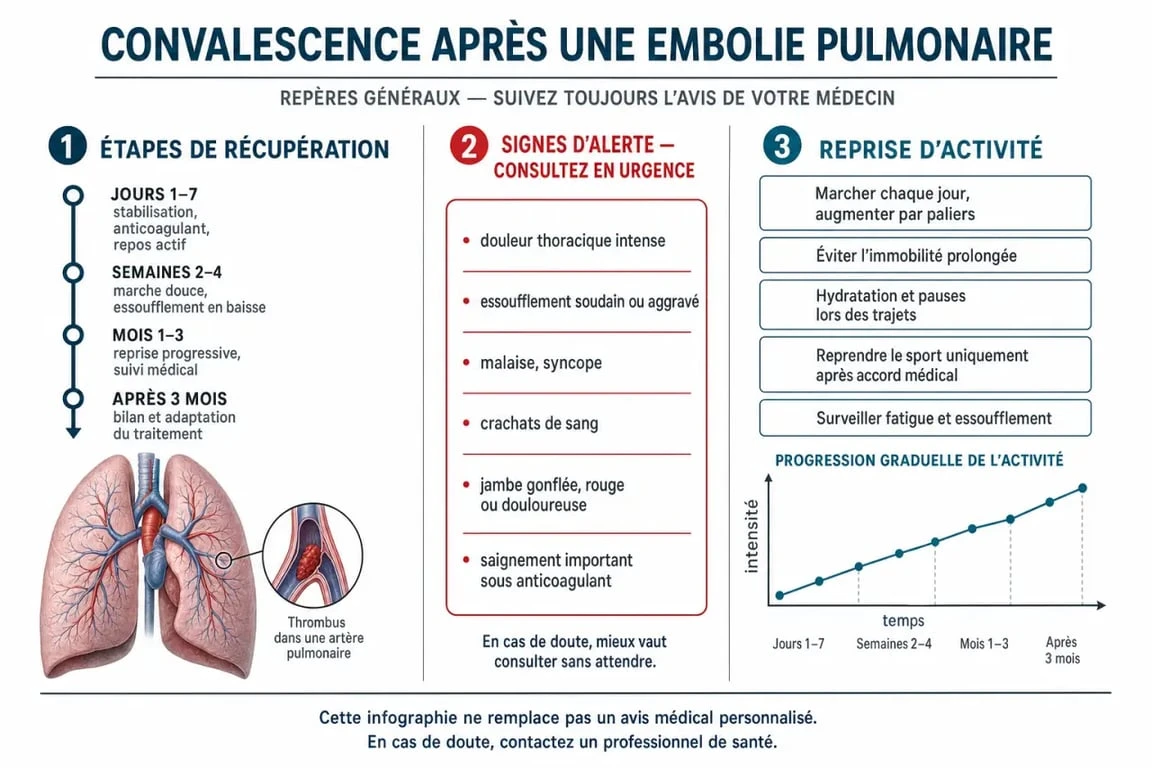 Infographie sur la convalescence après une embolie pulmonaire et les signes d'alerte