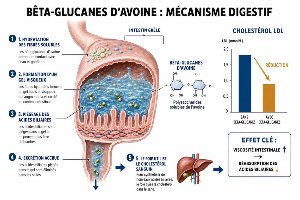 Infographie expliquant l'action des bêta-glucanes des flocons d'avoine sur le cholestérol sanguin