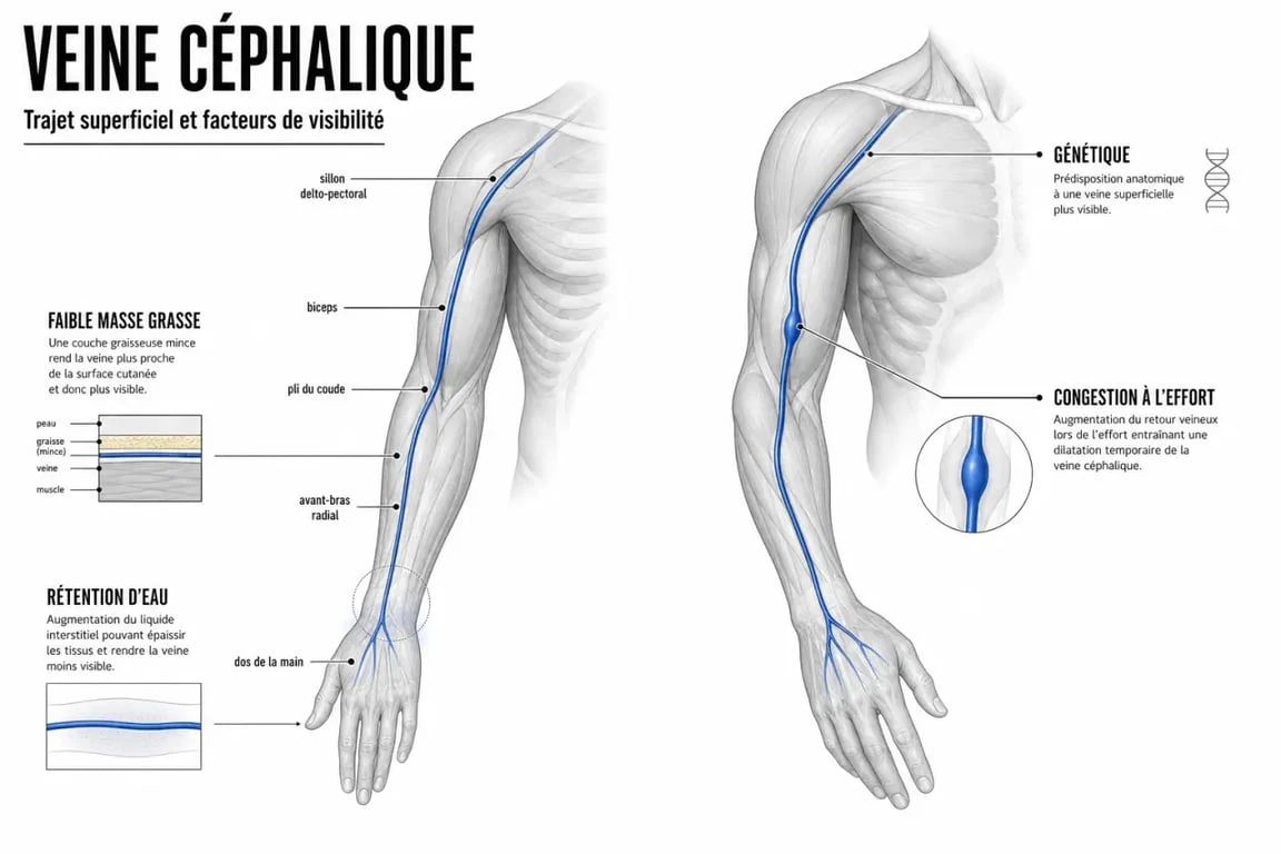 Schéma de la veine sur le biceps montrant le trajet de la veine céphalique et les facteurs de visibilité