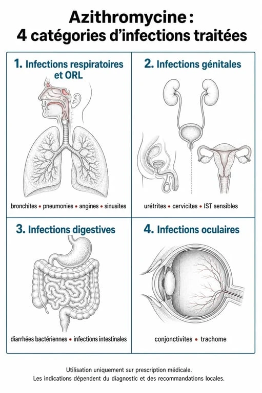 Infographie des indications médicales de l'azithromycine pour diverses maladies bactériennes