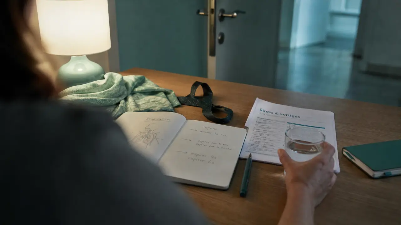 Stress vertige : personne au bureau, respiration et vertige