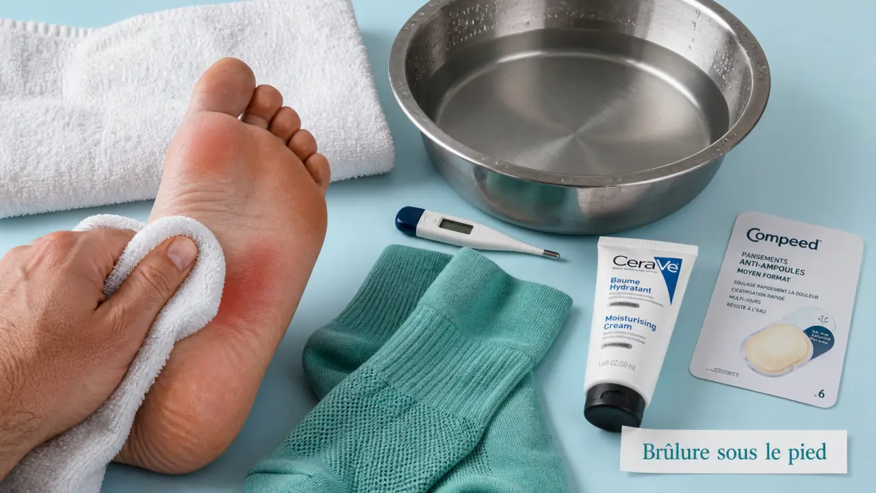 Brulure sous les pieds que faire : massage et crème hydratante, eau tiède, pansement anti-frottement