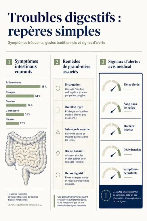 Inflammation intestin remède de grand-mère : synthèse visuelle des symptômes, remèdes naturels et précautions