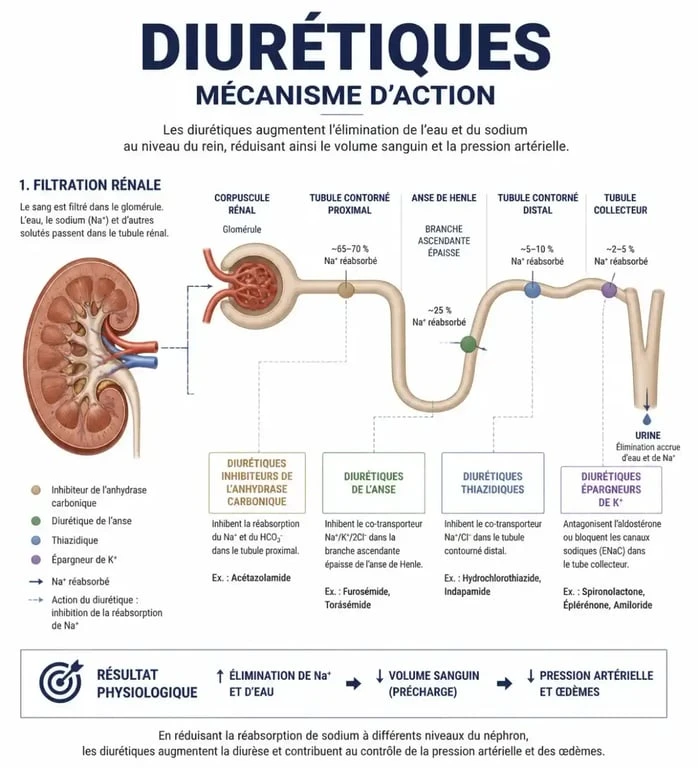 Infographie sur le fonctionnement des médicaments diurétiques pour la rétention d'eau et leur action sur les reins