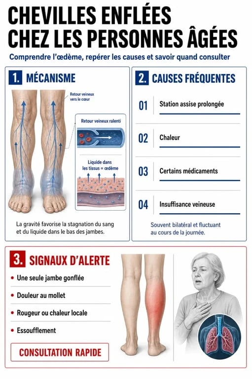 Infographie sur les chevilles enflées personnes âgées : causes, mécanisme et signes d’alerte