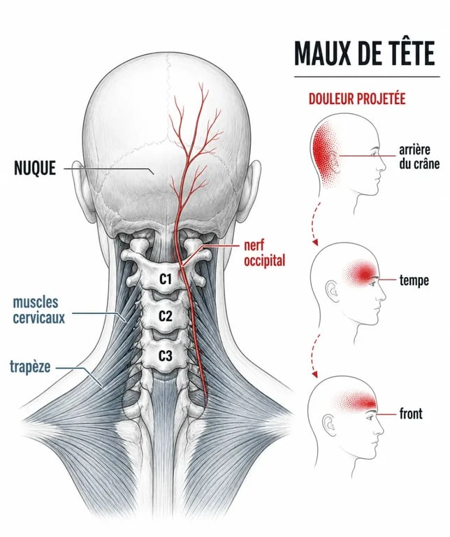 Maux de tête et cervicales : schéma anatomique montrant la douleur partant de la nuque vers la tête