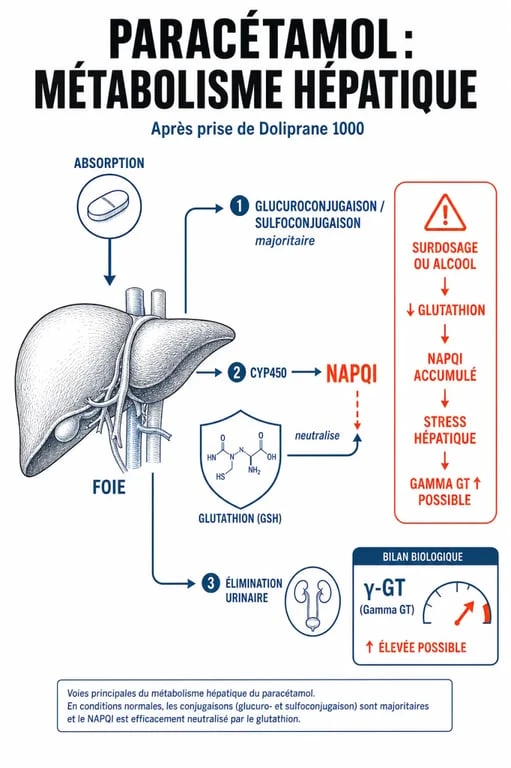Doliprane 1000 et gamma GT : schéma du métabolisme du paracétamol dans le foie