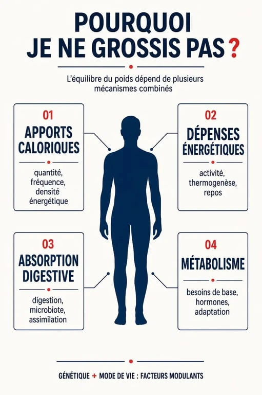 Pourquoi je ne grossis pas : schéma des causes principales entre calories, digestion et métabolisme