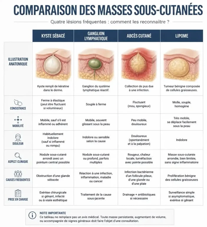 Infographie comparative des différents types de masses sous l'aisselle : kyste, ganglion, abcès et lipome