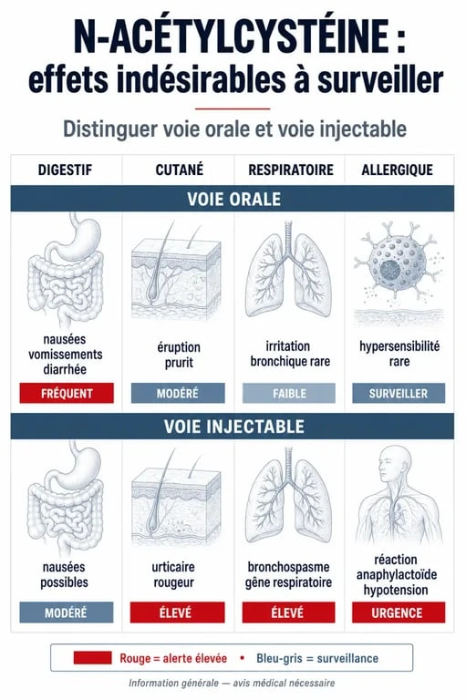 N acetylcysteine effets secondaires : comparaison des risques digestifs, cutanés et respiratoires selon la voie orale ou injectable
