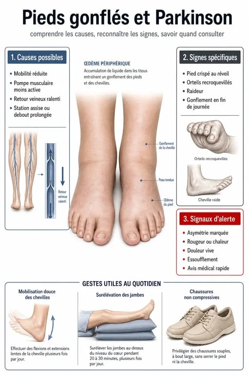 Parkinson pieds gonflés : schéma des causes possibles, des signes d’alerte et des gestes utiles