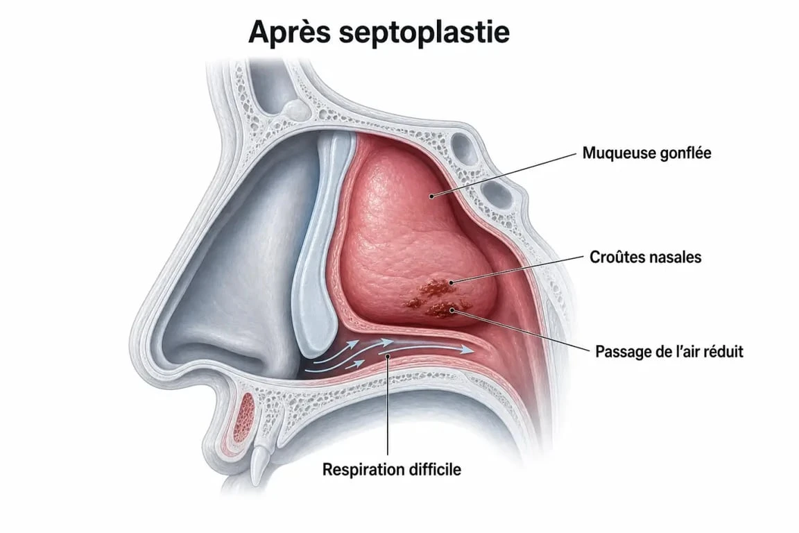 Nez bouché après septoplastie : schéma de la muqueuse gonflée et des croûtes nasales en phase de cicatrisation