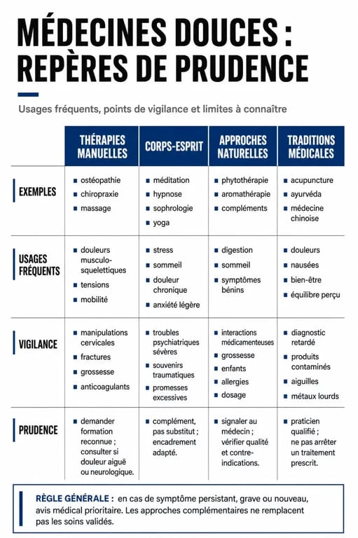 Médecine douce : tableau comparatif des principales pratiques, usages et précautions