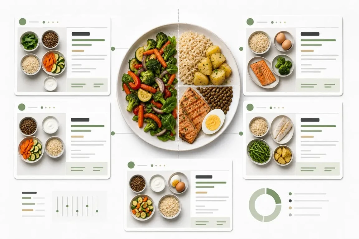 Menu diététique illustrant une assiette équilibrée et un planning de repas sur 5 jours