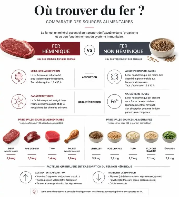 Infographie des sources alimentaires de fer héminique et non héminique
