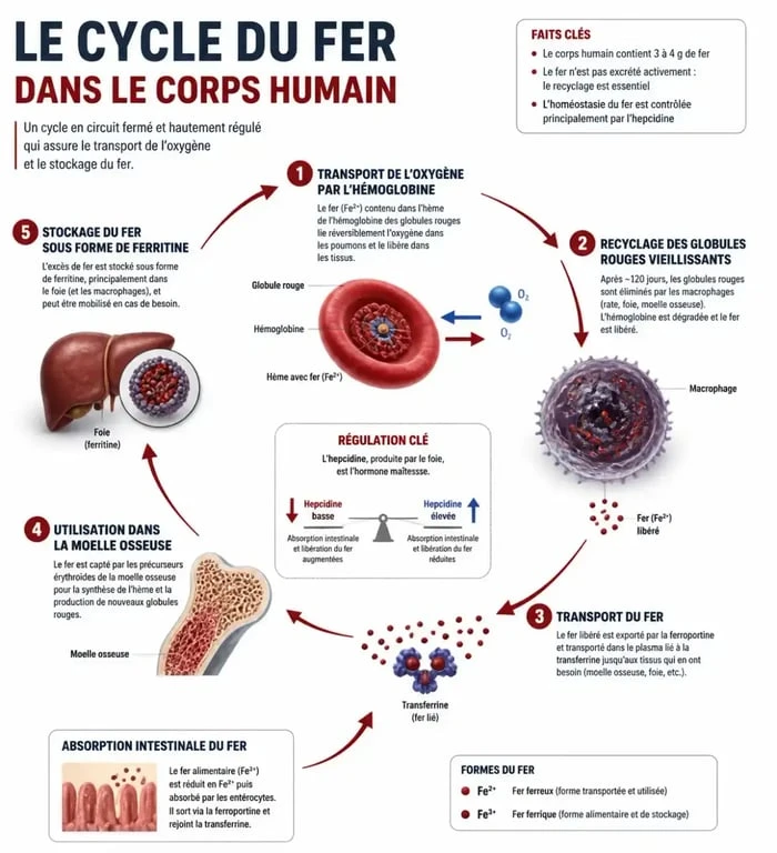 Schéma du cycle du fer dans le sang et l'organisme
