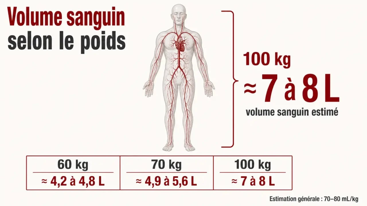 Litre de sang dans le corps 100 kg : illustration chiffrée du volume sanguin estimé à 7 à 8 litres