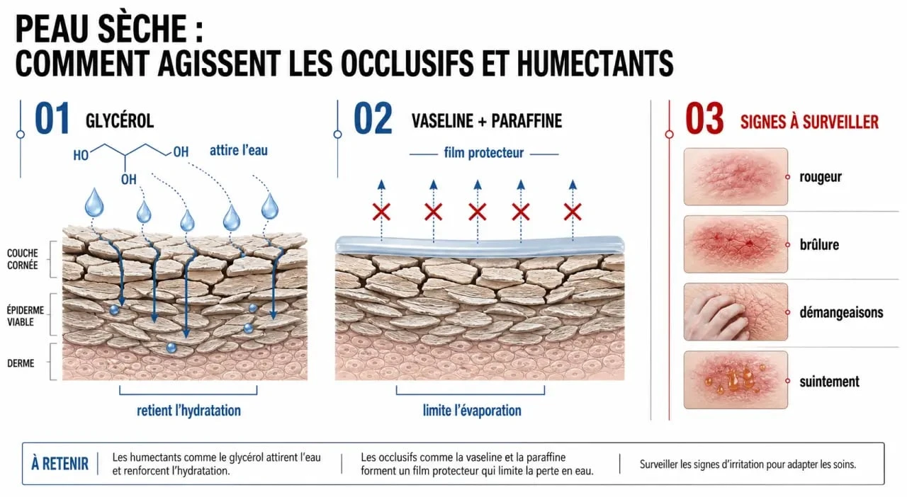 Glycérol vaseline paraffine danger : schéma des rôles, risques locaux et signaux d’alerte sur la peau