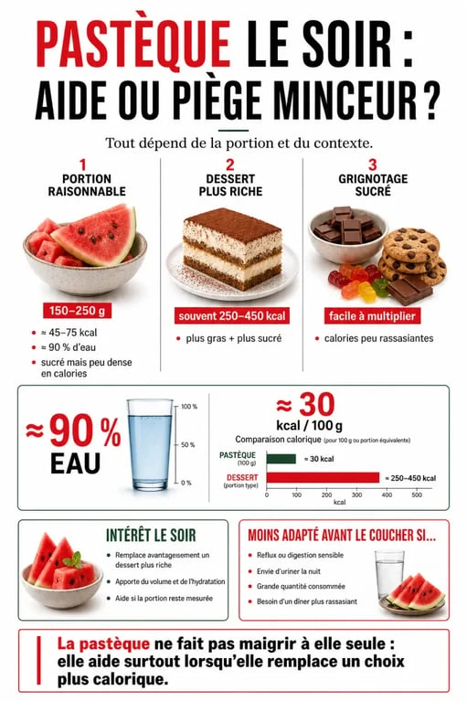 Manger de la pasteque le soir pour maigrir : infographie sur calories, hydratation et portion raisonnable