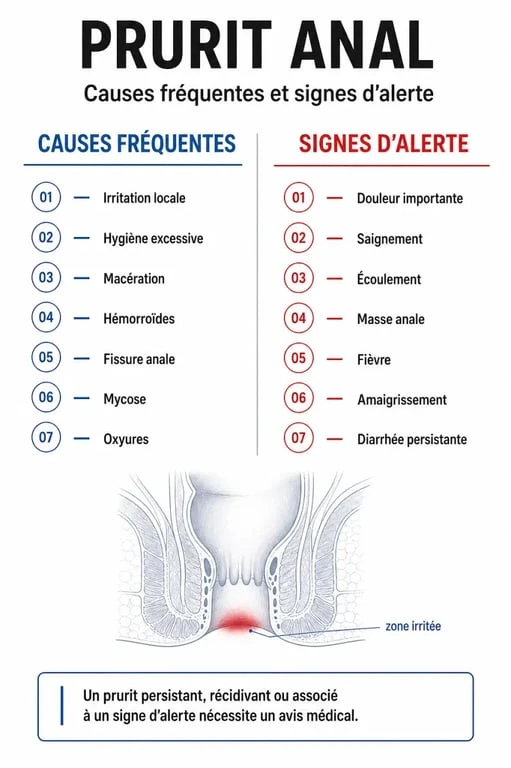 Infographie sur les démangeaisons anus : causes fréquentes, signaux d’alerte et quand consulter
