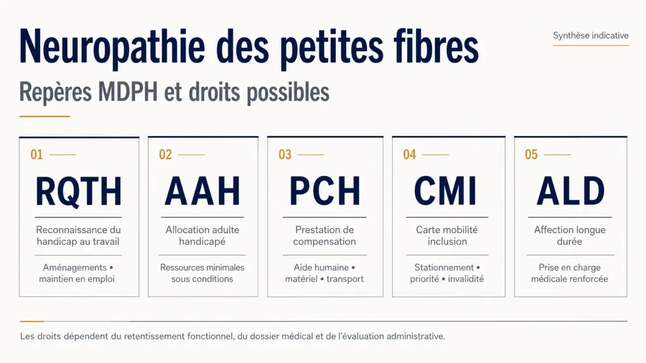 Infographie sur la neuropathie des petites fibres mdph : droits à demander, critères d’évaluation et articulation entre RQTH, AAH, PCH, carte mobilité inclusion et ALD