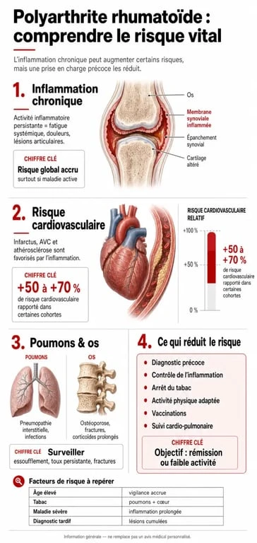 Infographie sur peut on mourir d'une polyarthrite rhumatoïde, montrant les complications et les facteurs de risque