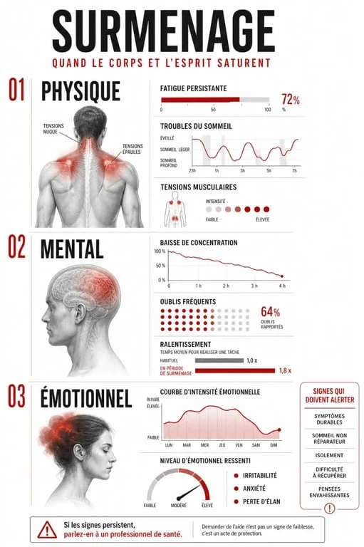 Surmenage symptôme : illustration des signes physiques, mentaux et émotionnels à reconnaître