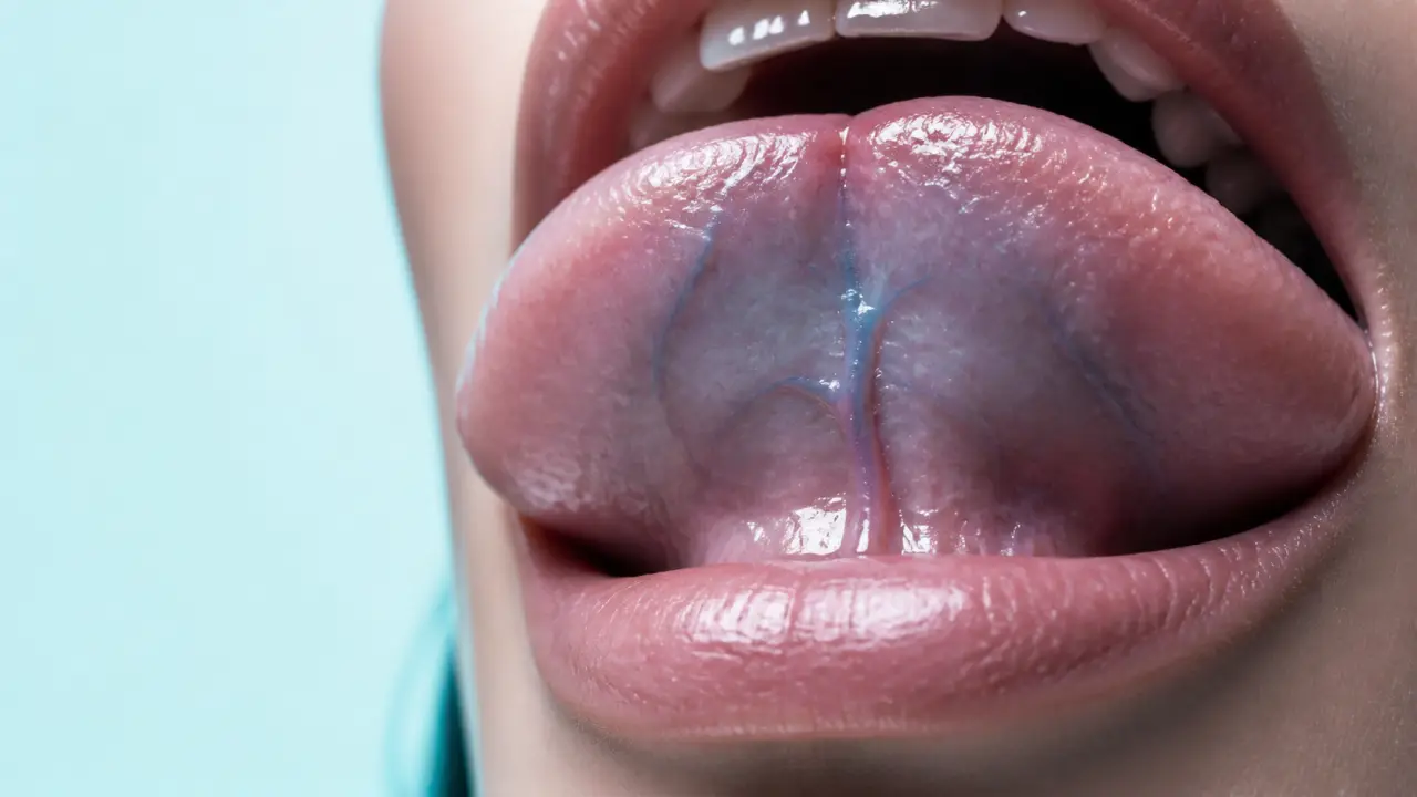 Photo varice sous la langue : veine bleue visible