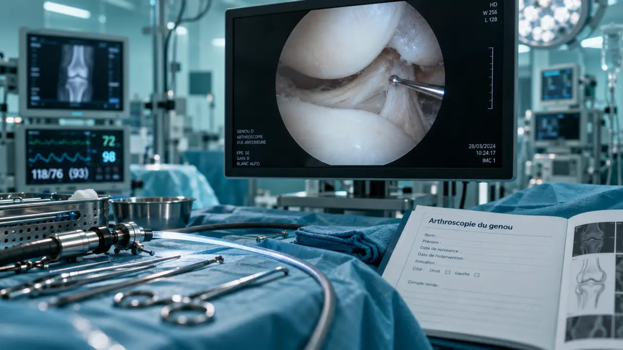 Arthroscopie genou en bloc opératoire, écran d’arthroscopie